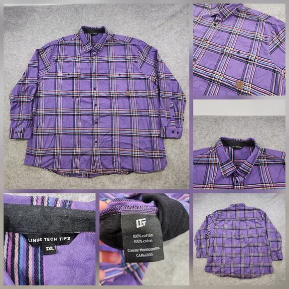 Linus Tech Tips Shirt Mens 3XL Plaid Button Up Flannel LTT Creator Warehouse - Picture 1 of 15